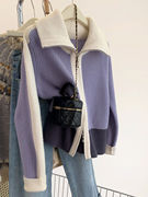 紫色翻领半高领毛衣，外套女秋冬季2023宽松慵懒风拉链针织开衫