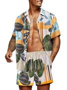 欧美夏威夷套装男士休闲宽松沙滩装，印花短袖短裤两件套men'ssuit