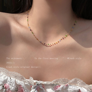 彩色水晶串珠项链，女2024年choker颈链轻奢小众，设计锁骨链
