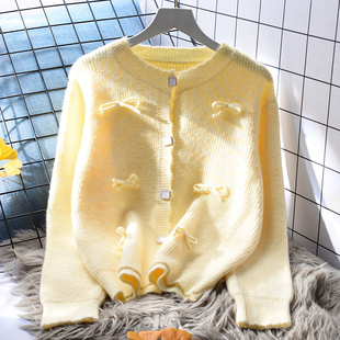 黄色小清新圆领毛衣外套，女宽松外穿秋冬2023日系短款针织开衫