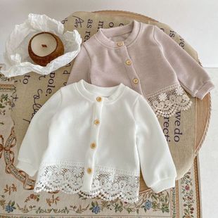 韩系女宝宝春秋装蕾丝拼接长袖外套婴幼儿针织开衫新生儿毛线衣服