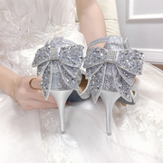 银色高跟鞋女细跟2023夏亮片(夏亮片)钻水晶主纱婚鞋秀禾两穿新娘结婚