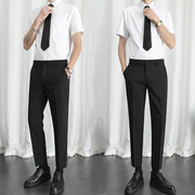 商务休闲一套装男士短袖，白衬衫九分黑西裤，修身上班工作服大码正装