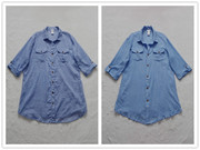 外贸日本品牌夏女浅蓝紫色口袋多扣纯棉薄款宽松七分袖中长款衬衫