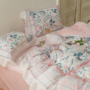 粉色格子小仙女镂空花边婴儿绒牛奶绒加厚冬季保暖被套床单四件套