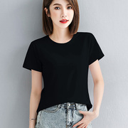 黑色纯棉修身小个子短袖t恤女夏季纯色圆领简约百搭显瘦体恤