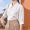 白色复古尖领缎面衬衫女短袖，设计感小众上衣，2023夏装气质职业衬衣