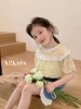 韩版女童洋气短袖雪纺衫，23夏季纯棉蕾丝圆领，鹅黄色上衣娃娃衫