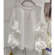 2023秋季衬衣女白色长袖t恤弹性抽褶宽松袖韩版设计感打底衫上衣