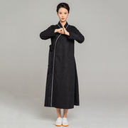 武农亚麻女中国风斜领长袍，长款复古太极，服长袖女士运动套装