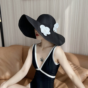 欧美风个性时尚黑色圆顶大帽沿草帽女海边沙滩凹造型卷边遮阳帽子