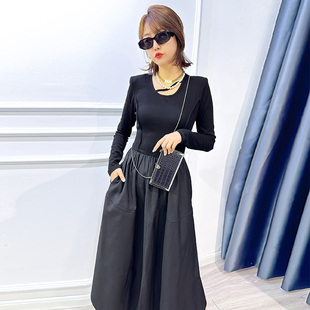 欧货2024春秋黑色长袖连衣裙女设计感修身气质显瘦时尚长裙子
