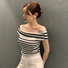 韩国chic夏季气质小性感一字，领露肩修身显瘦条纹短袖针织衫上衣女