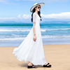 2024夏季白色雪纺蕾丝五分，袖大摆连衣裙，波西米亚沙滩长裙及踝