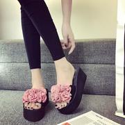 松糕厚底拖鞋女夏2021韩版花朵，坡跟凉拖一字，拖高跟女鞋子凉鞋