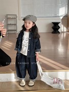 韩版女童复古牛仔套装，2024春季儿童牛仔外套，休闲萝卜裤两件套