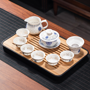 青花瓷玲珑茶具套装，家用蜂窝镂空整套陶瓷功夫，茶具泡茶壶茶杯盖碗