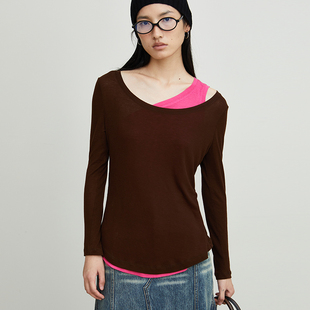 ROHEME假两件打底衫女士春秋设计感天丝羊毛气质咖色圆领长袖T恤