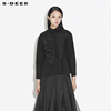sdeer圣迪奥女装春装时尚，翻领雪纺拼接黑色，长袖衬衫s21380505