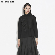 sdeer圣迪奥女装春装时尚翻领雪纺拼接黑色长袖衬衫S21380505