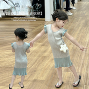 女童针织背心裙夏装，2024韩版洋气，儿童飞袖毛线连衣裙女宝长裙
