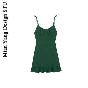 棉洋 法式复古气质绿色性感吊带连衣裙女夏季露肩收腰显瘦鱼尾裙