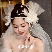 2023新娘结婚花朵头纱头饰，森系唯美复古婚纱摄影拍照领证造型