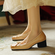 法式复古浅口甜美蝴蝶结单鞋女方头粗跟高跟鞋头层牛皮芭蕾舞女鞋