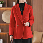 短款红色西装毛呢小外套百搭高端气质纯色手工双面纯羊毛呢大衣女