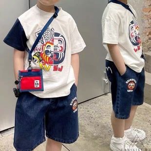 22夏季日系男童短袖t恤潮牌纯棉拼色袖，卡通儿童半袖上衣宽松套装
