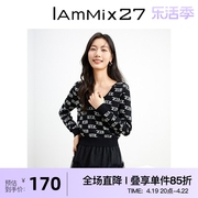 iammix27针织套头衫女青春减龄撞色提花拼接圆领，长袖短款针织上衣