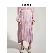 immi春夏粉紫色薄纱，雪纺高腰百褶半身裙181sk015x