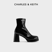 CHARLES&KEITH秋冬女靴CK1-90580177时尚方头粗高跟拉链短靴女
