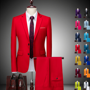 红色西服套装男士韩版修身外套，新郎结婚礼服，商务职业正装小西装男