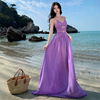 法式复古设计感褶皱吊带雪纺紫色吊带大摆长裙超仙海边旅拍连衣裙