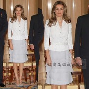 高级定制西班牙王妃同款白色，七分袖西装，外套银灰色欧根纱半裙套装