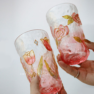 泽滕家创意手绘水晶玻璃冰川水杯，茶杯手绘浪漫花园牛奶杯咖啡杯