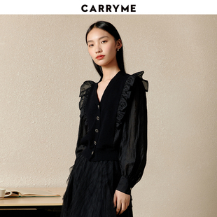 CARRY ME/嘉蜜木耳边拼接黑色针织衫2023秋毛衣v领长袖开衫