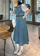 韩版短袖网纱拼接假两件牛仔连衣裙8691中式国风设计感女2024夏季