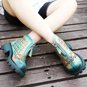 民族风女靴夏季镂空短筒女鞋真皮，粗跟骑士靴复古中跟高级感短靴子
