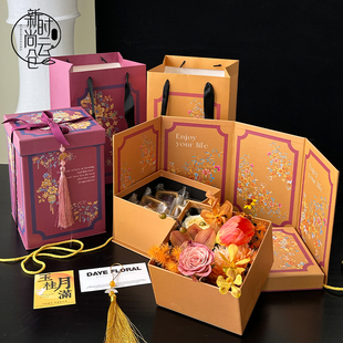 原创设计中秋节高档月饼，鲜花方盒创意，包装纸盒花艺插花盒