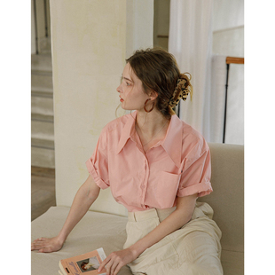 dailyart法式慵懒气质燕尾，领衬衣粉色纯棉，宽松显瘦短袖衬衫女夏季