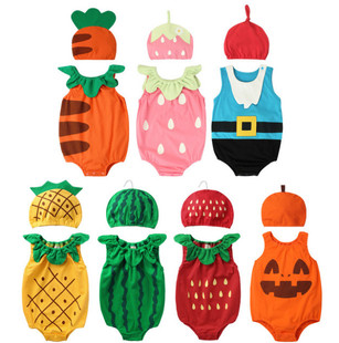 夏宝宝(夏宝宝)卡通，衣服水果造型连体衣婴儿，哈衣拍照带帽爬衣套装西瓜