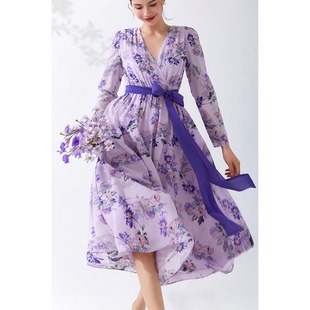 美妃紫色桑蚕丝真丝法式气质显瘦长袖连衣裙2023春夏季女长裙