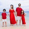 沙滩亲子装红色荷叶，边海边度假衬衫一家三口母女装连衣裙短袖套装