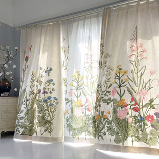 北欧植物手绘风亚麻加厚遮光客厅卧室，高档成品可定制窗帘神秘花园