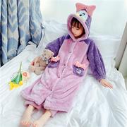 儿童法兰绒睡衣冬季小孩女童珊瑚绒加厚款套装粉色小兔卡通家居服