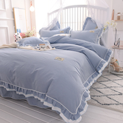 韩式简约纯色公主风床上四件套全棉，纯棉荷叶边床单，被套1.8m床品夏