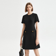 朗姿法式圆领高级感黑色连衣裙2023夏季显瘦气质轻礼服小黑裙