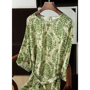 真丝双绉绿色碎花裙女装显瘦连衣裙桑蚕丝系带法式长裙气质裙子